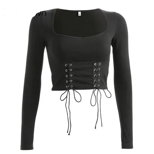 Autumn Black Square Collar Criss Cross Bandage Gothic Crop Top Sexy Elegant Long Sleeve