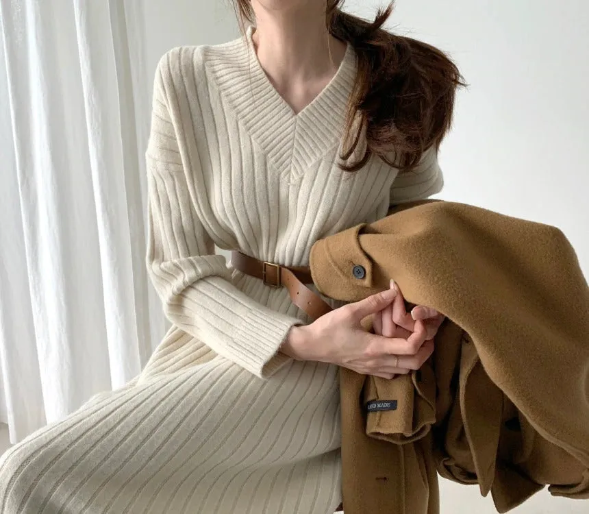 Autumn Long Sleeve Sweaters Knitted Loose Maxi Oversize Dress