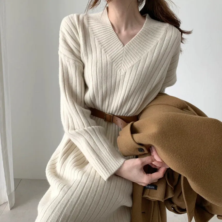 Autumn Long Sleeve Sweaters Knitted Loose Maxi Oversize Dress