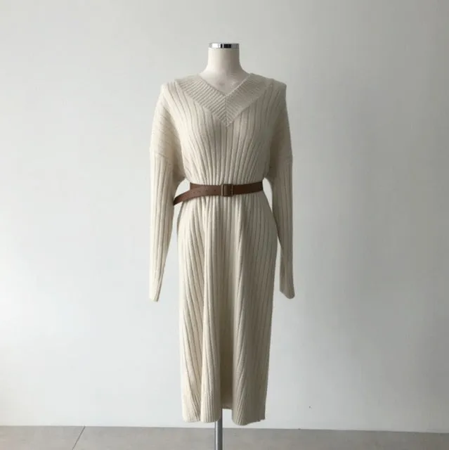 Autumn Long Sleeve Sweaters Knitted Loose Maxi Oversize Dress