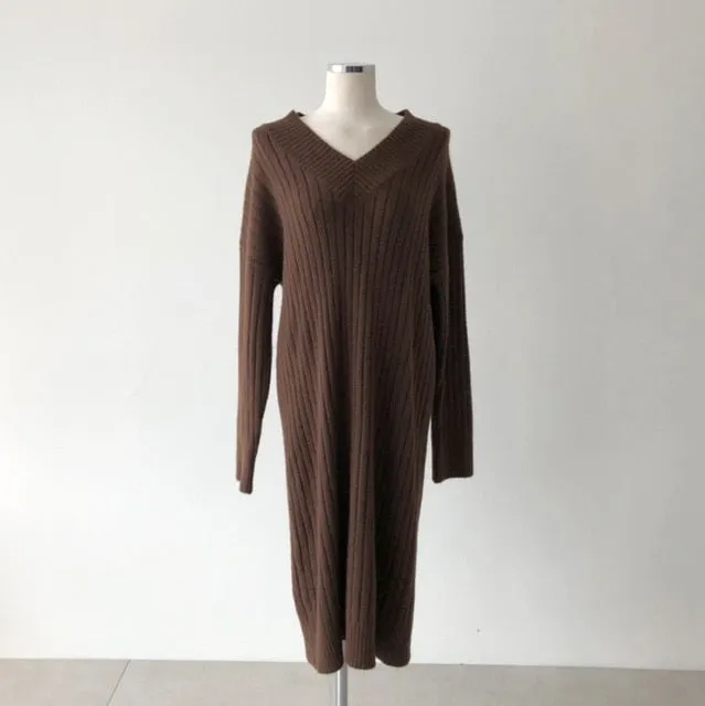 Autumn Long Sleeve Sweaters Knitted Loose Maxi Oversize Dress