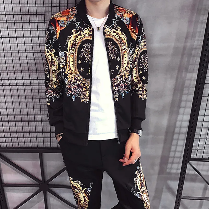 Autumn Men's Sports 2-Piece Gold Print Jacket Pant Tracksuit Suit New Men Sportswear Hombre Men's Casual Printing Suit