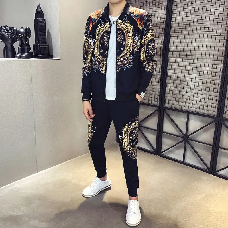 Autumn Men's Sports 2-Piece Gold Print Jacket Pant Tracksuit Suit New Men Sportswear Hombre Men's Casual Printing Suit