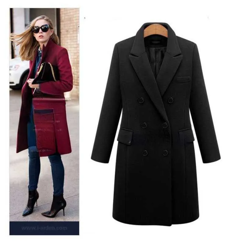 Autumn Winter Casual Wool Solid Double Breasted Long Blazers for Women