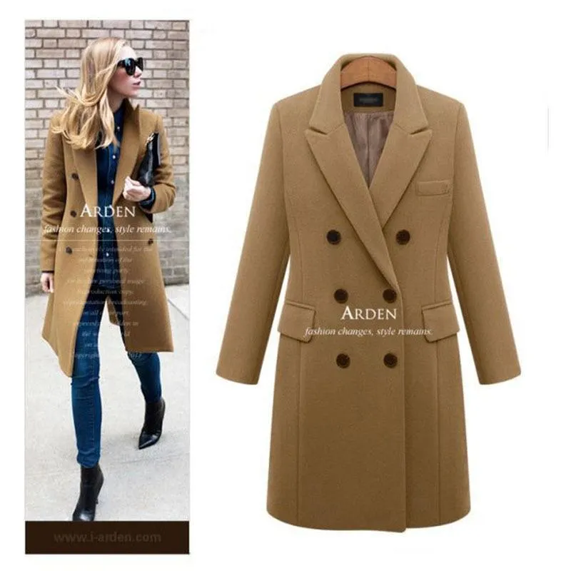 Autumn Winter Casual Wool Solid Double Breasted Long Blazers for Women