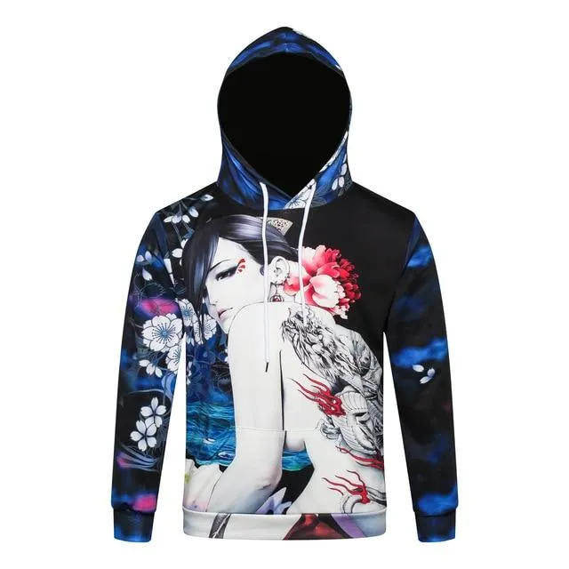 Autumn Winter Hooded 3D Tattoos Print Sweatshirts for Men and Women