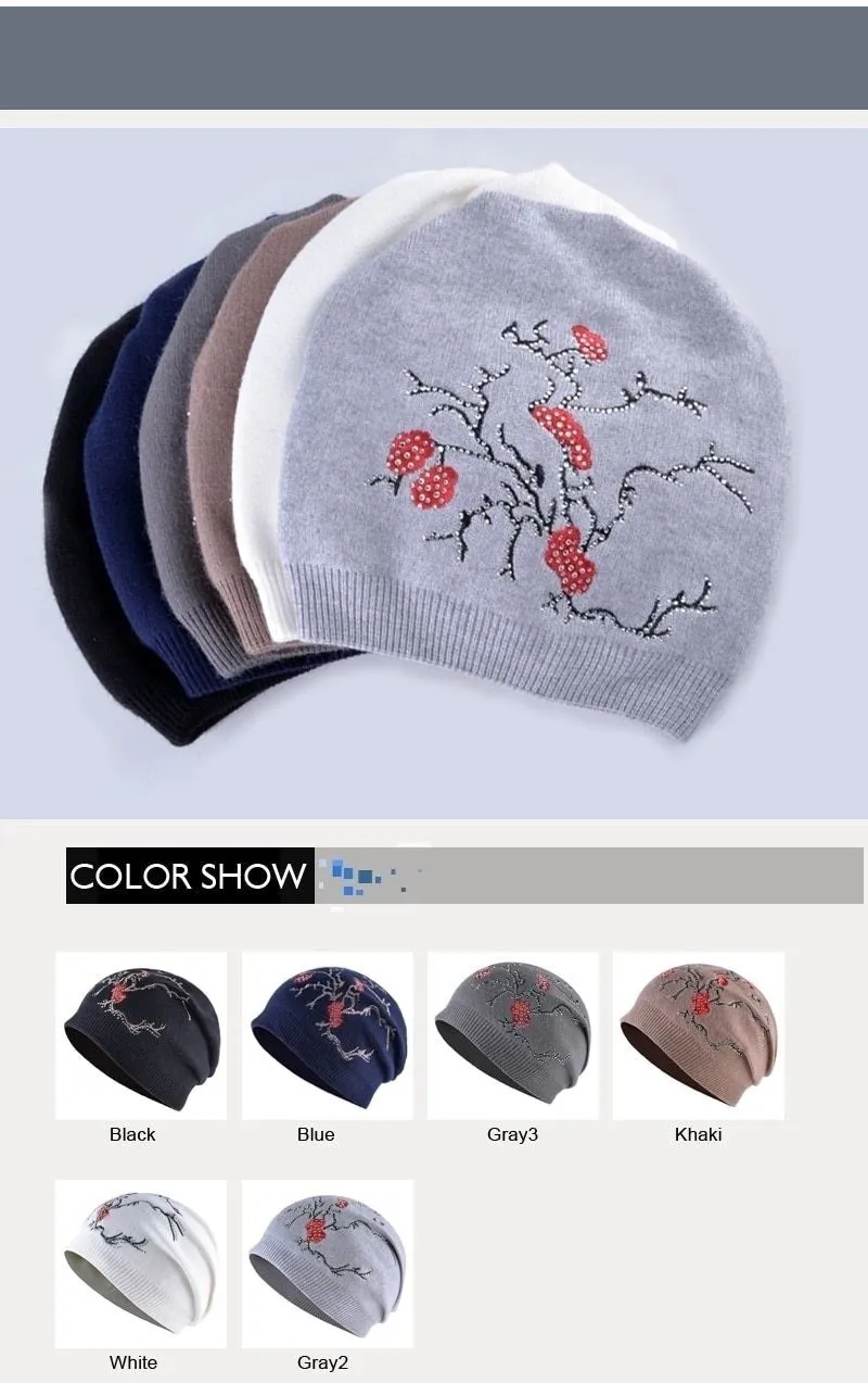 Autumn Winter Knitted Cute Flower Rabbit Beanie Cap for Women