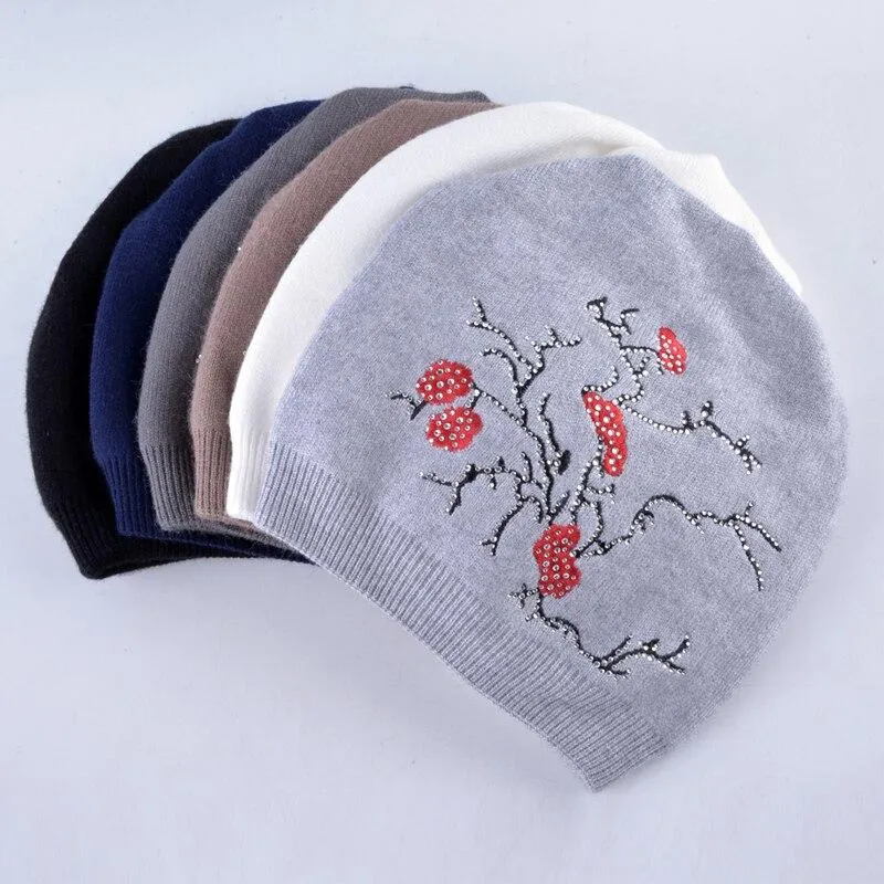 Autumn Winter Knitted Cute Flower Rabbit Beanie Cap for Women