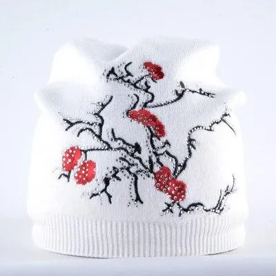 Autumn Winter Knitted Cute Flower Rabbit Beanie Cap for Women