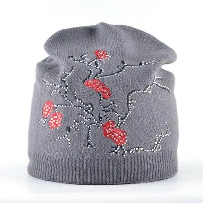 Autumn Winter Knitted Cute Flower Rabbit Beanie Cap for Women