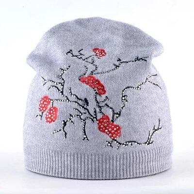 Autumn Winter Knitted Cute Flower Rabbit Beanie Cap for Women