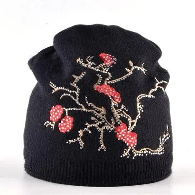 Autumn Winter Knitted Cute Flower Rabbit Beanie Cap for Women