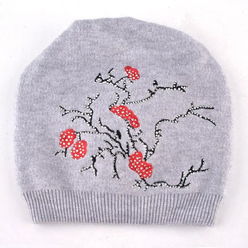 Autumn Winter Knitted Cute Flower Rabbit Beanie Cap for Women