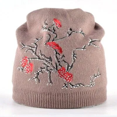 Autumn Winter Knitted Cute Flower Rabbit Beanie Cap for Women