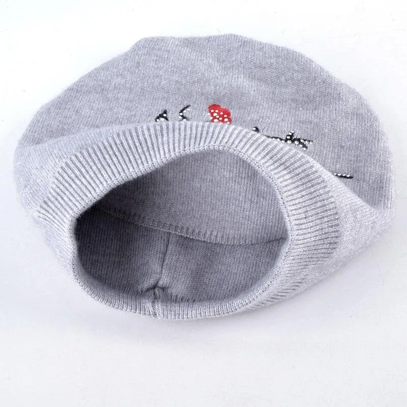 Autumn Winter Knitted Cute Flower Rabbit Beanie Cap for Women