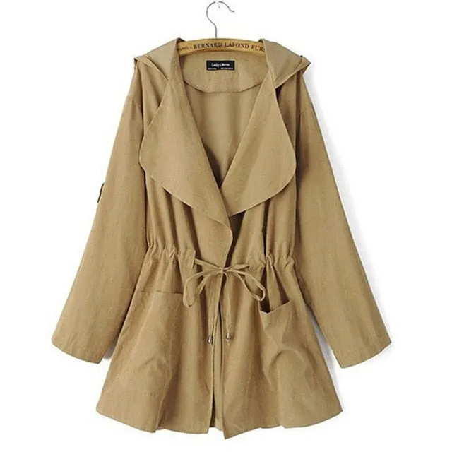 Autumn Women's Casual Hooded Windbreaker Coat Turndown Collar Overcoat Outerwear Coat Solid Color Trench Belt Slim Tops Coat