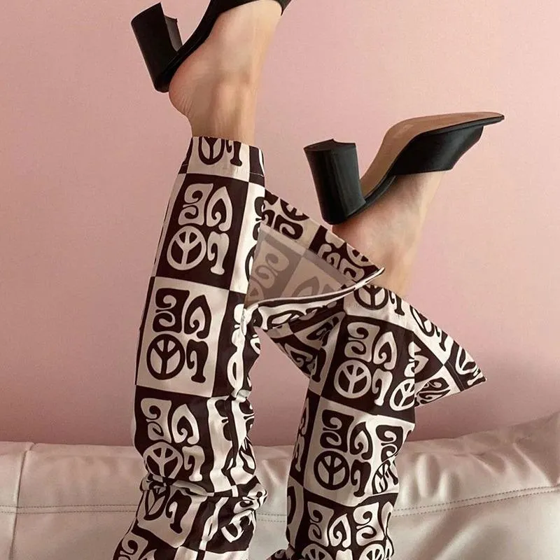 Autumn Women's Letter Printed Side Split High Waist Flare Pants Trousers