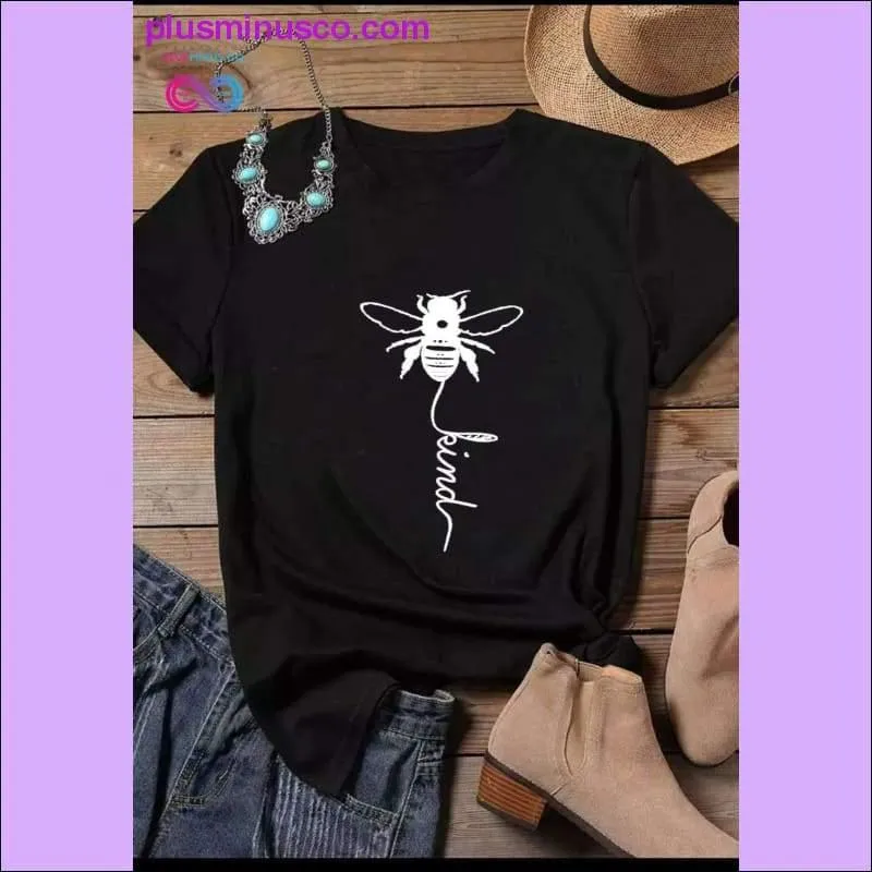 Bee Kind Print Women Short Sleeve O Neck Loose Tshirt