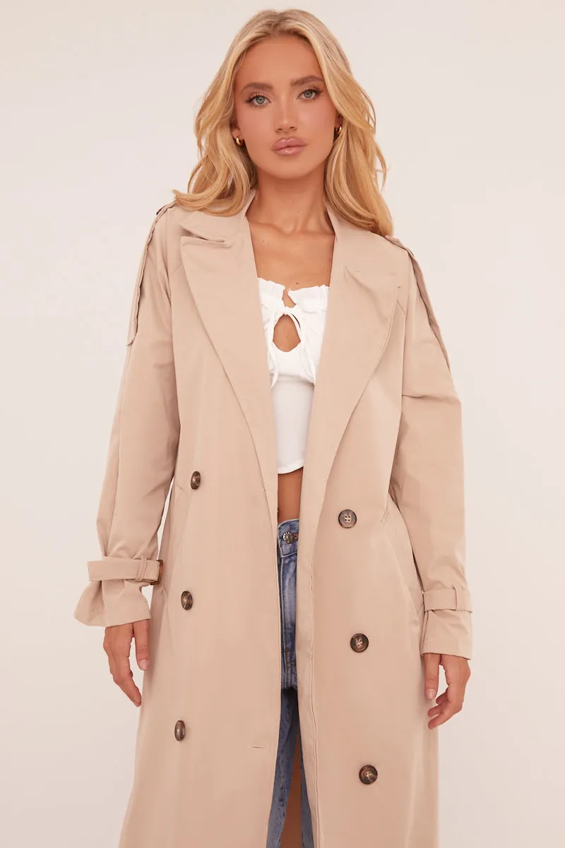 Beige Longline Belt Detail Button Front Trench Coat - Melony