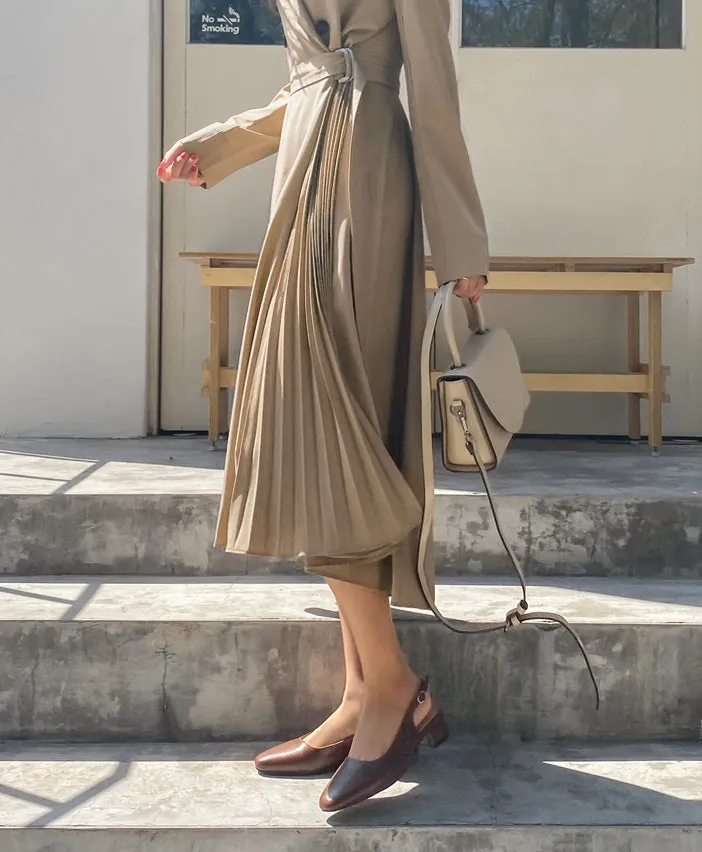 Beige Side Pleated Trench Wrap Dresses Womens Waiststrap Double Breast