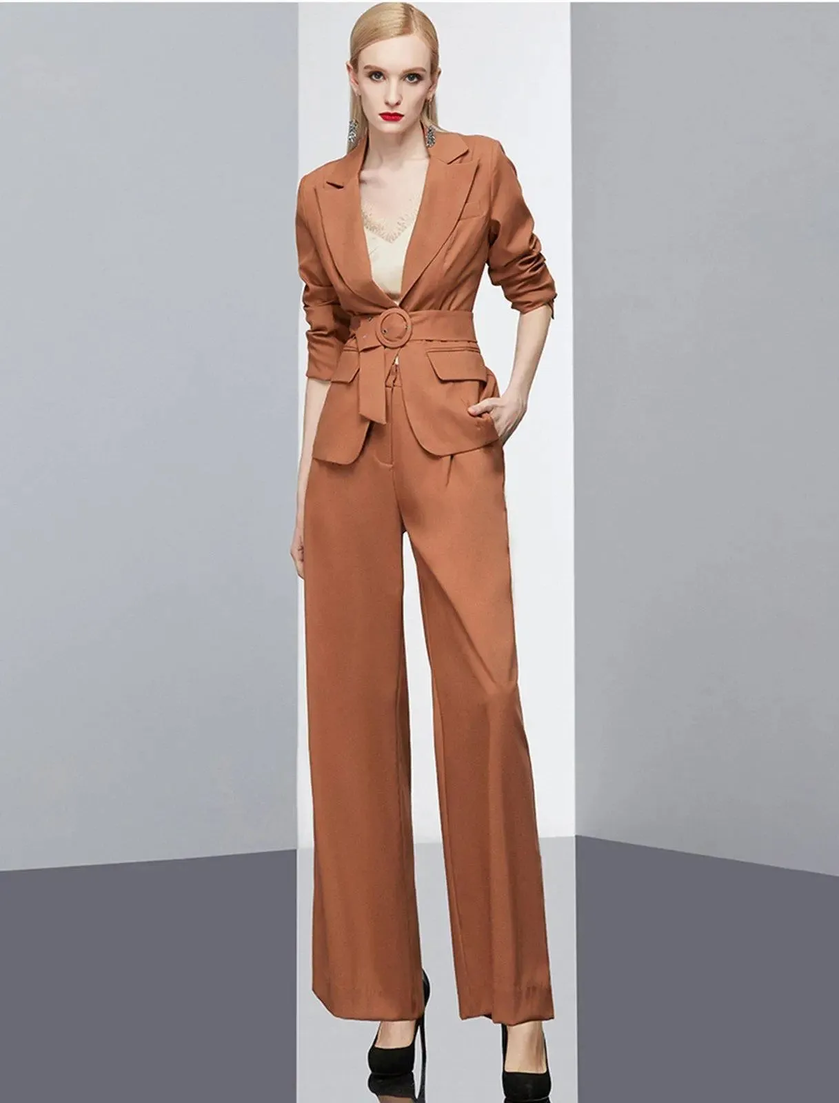 Belted Blazer & Striped Wide Leg Pant Suit