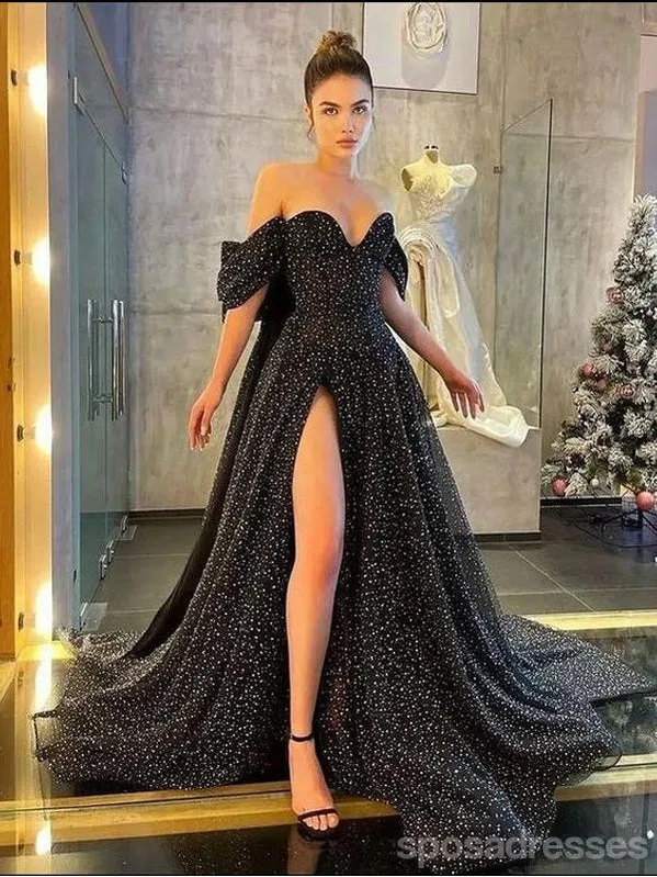 Black A-line High Slit Off Shoulder Maxi Long Prom Dresses,Evening Dresses,13203