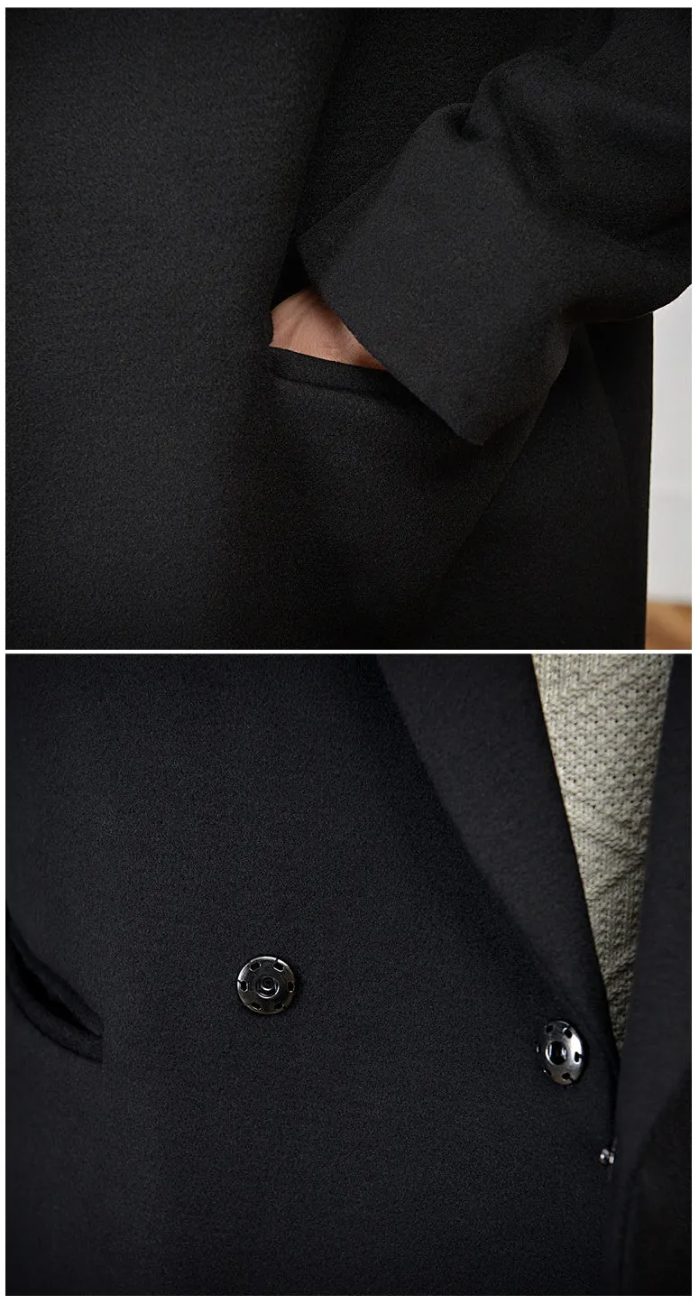 Black Hidden Button Double Breasted Long Coats Mens Winter Plain Basic