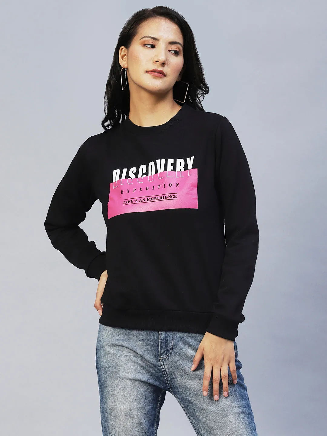 Black Printed Round Neck Fleece Sweatshirt