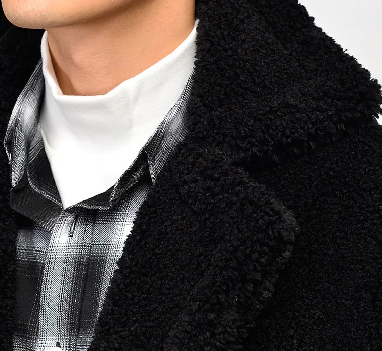 Black Shearling Long Coats Mens Winter Outerwear Thick Fur Jackets Guy