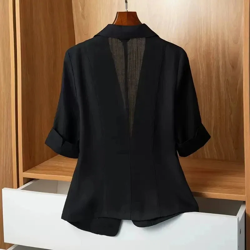 Black Solid Casual Turn-Down Collar Single Button Short Sleeve Women's Jacket Korean Fashion Suit Blazer Short Jackets Coat 2024