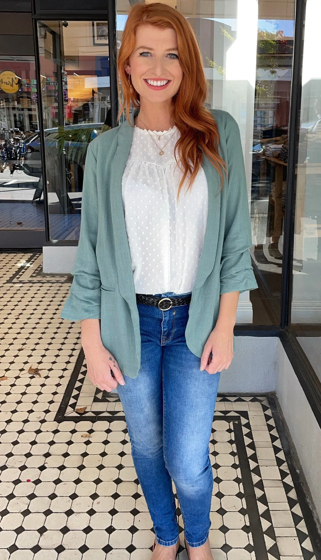 Blake Shirred Sleeve Blazer Sage