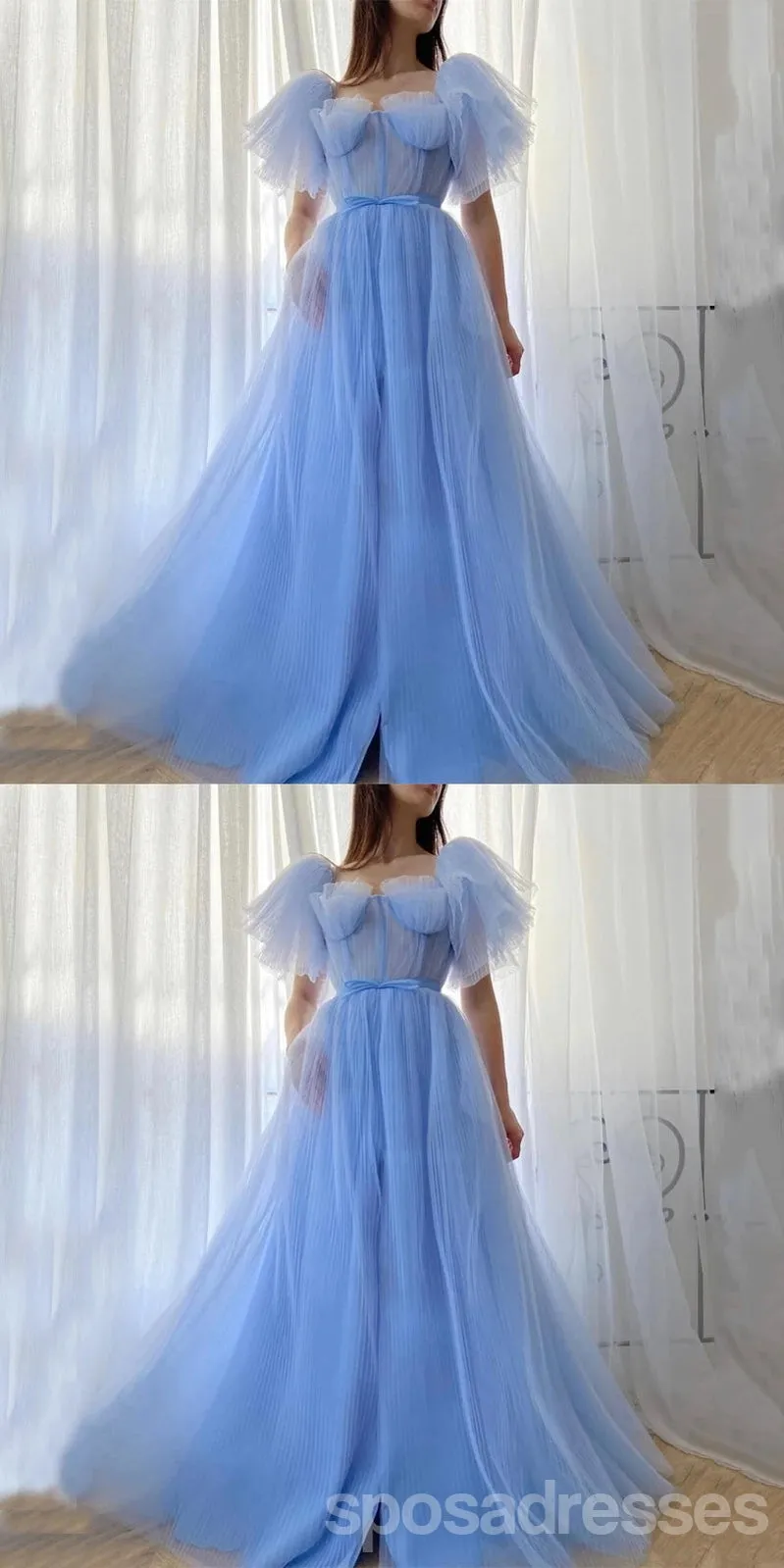 Blue A-line Short Sleeves Cheap Long Prom Dresses, Evening Party Dresses,12890