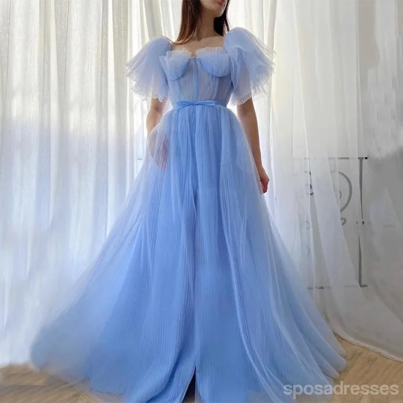 Blue A-line Short Sleeves Cheap Long Prom Dresses, Evening Party Dresses,12890