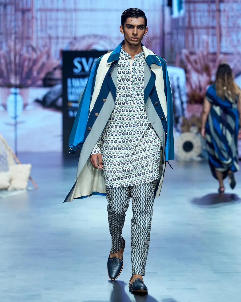 Blue Kurta Set with Stripe Trench Coat Set