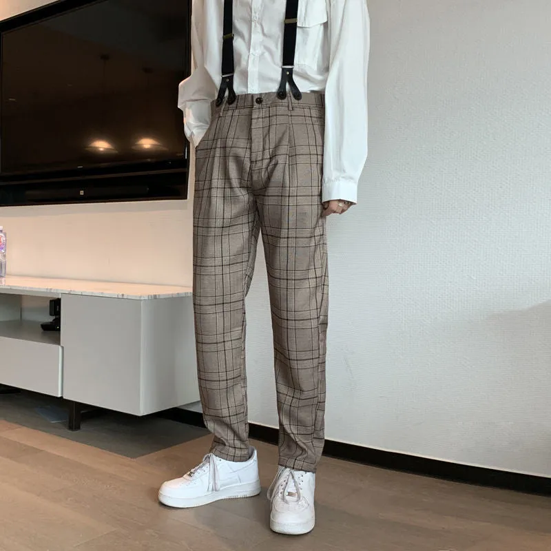 Bonsir 90s fashion men Autumn Ins Fashion Brand Straight Casual Trousers Men's Retro Workwear Suspender Pants Detachable Korean Plaid Suspender Pants