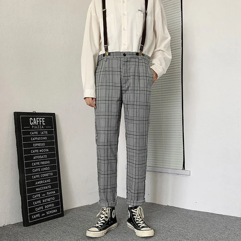 Bonsir 90s fashion men Autumn Ins Fashion Brand Straight Casual Trousers Men's Retro Workwear Suspender Pants Detachable Korean Plaid Suspender Pants