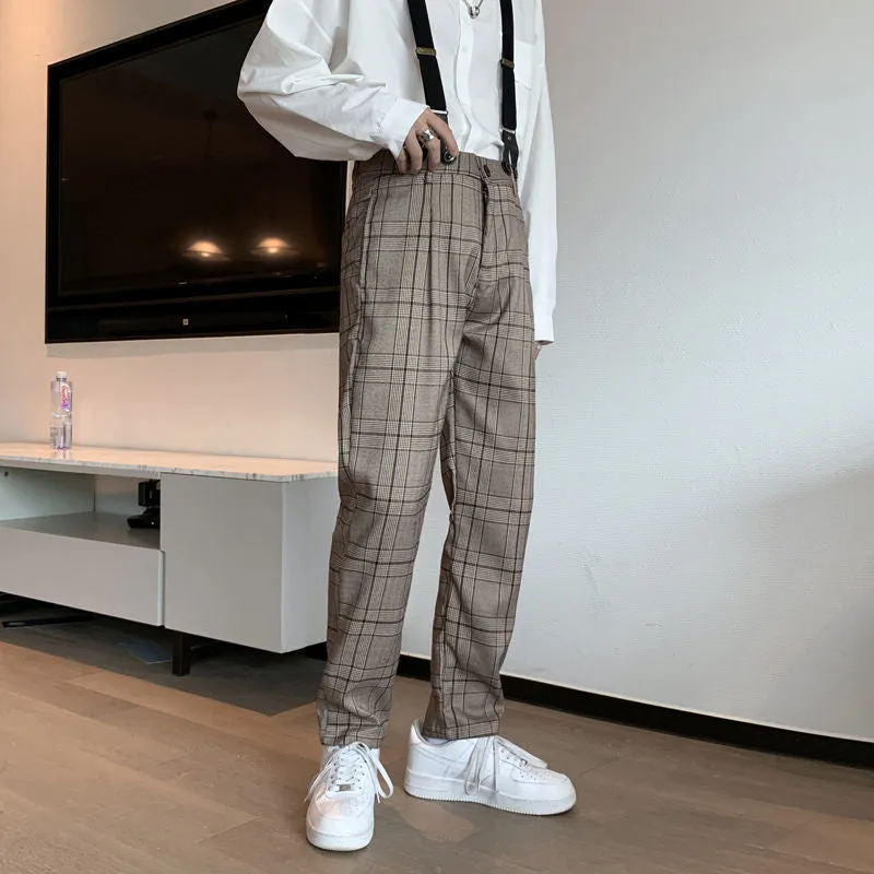 Bonsir 90s fashion men Autumn Ins Fashion Brand Straight Casual Trousers Men's Retro Workwear Suspender Pants Detachable Korean Plaid Suspender Pants