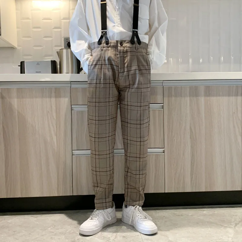 Bonsir 90s fashion men Autumn Ins Fashion Brand Straight Casual Trousers Men's Retro Workwear Suspender Pants Detachable Korean Plaid Suspender Pants