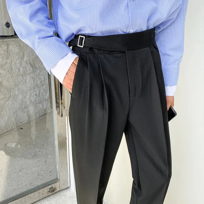 BONSIR  -  Korean Belt Suit Pants Men Fashion Solid Color Casual Dress Pants Men Loose Straight Trousers Mens Office Formal Trousers 28-34