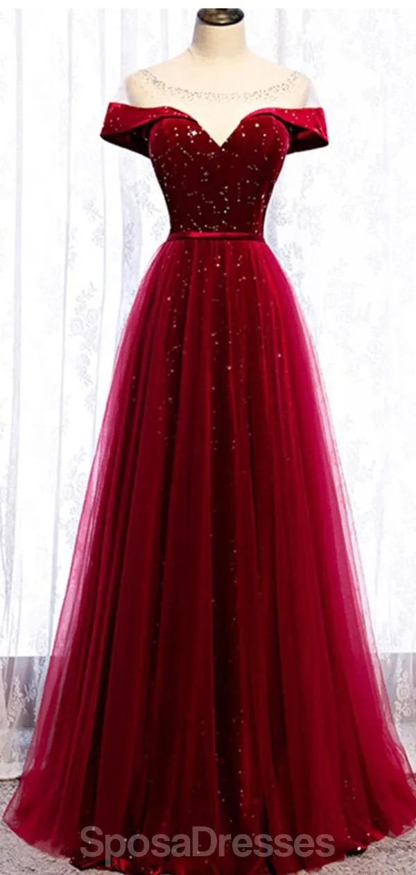 Cap Sleeve Red Sparkly Tulle Long Cheap Evening Prom Dresses, Evening Party Prom Dresses, 12329