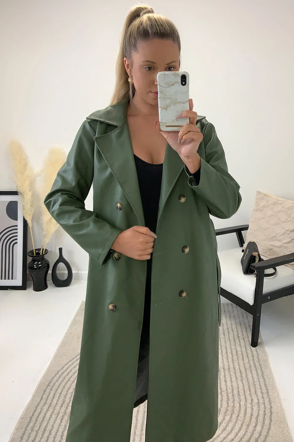 Casey Khaki PU Faux Leather Belted Trench Coat