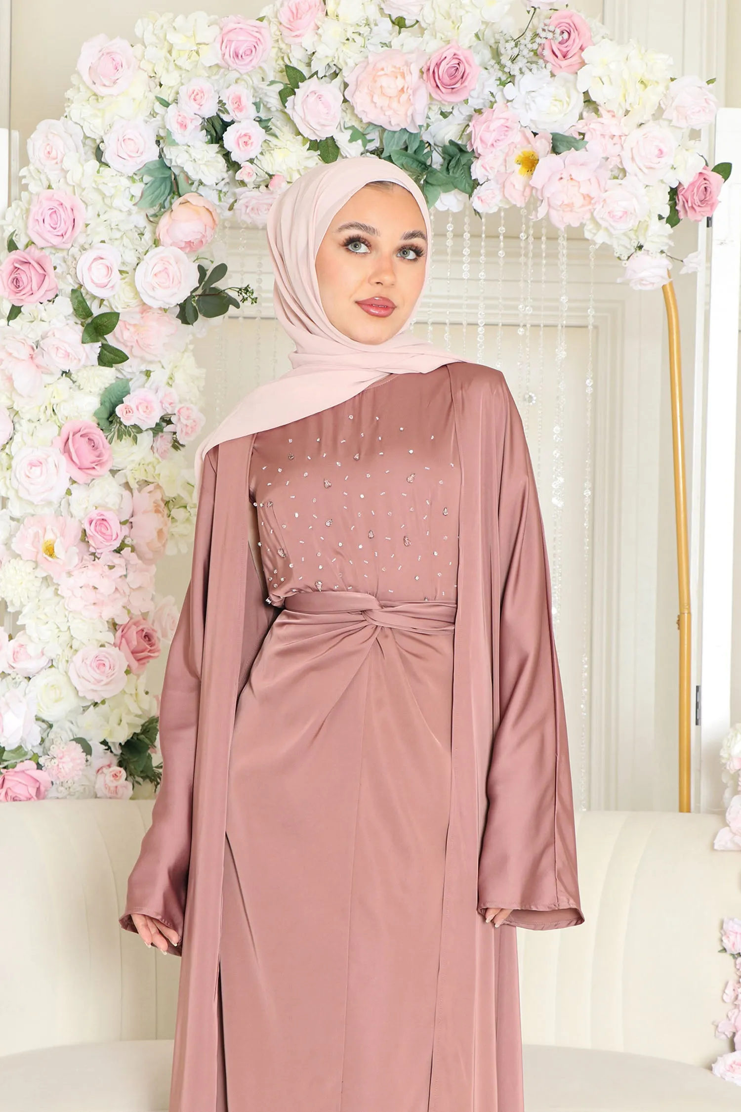 Celene Beaded Wrap Abaya Set- Nude Pink