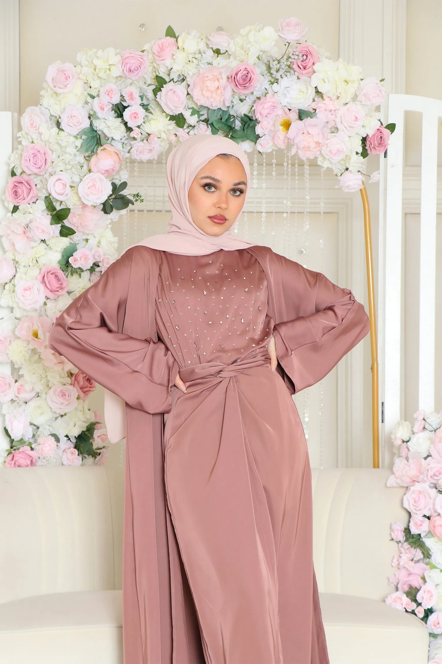 Celene Beaded Wrap Abaya Set- Nude Pink