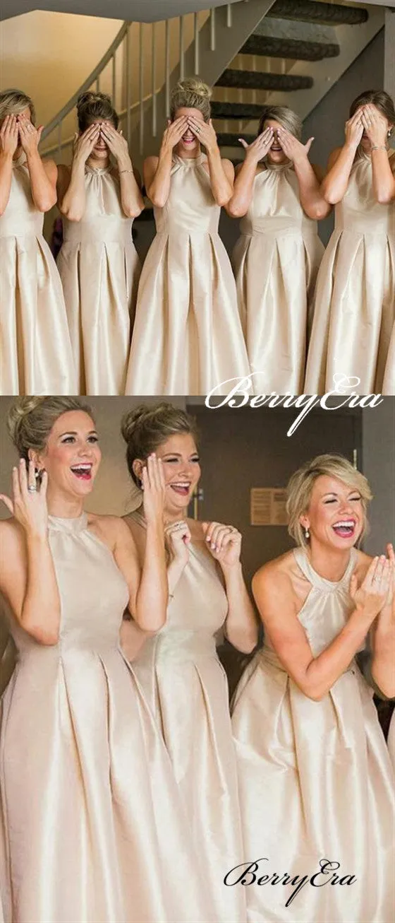 Champagne Gold A-line Stain Long Bridesmaid Dresses