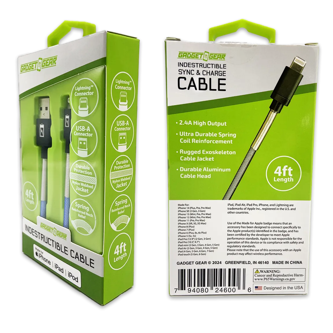 Charging Cable Indestructible USB to Lightning 4FT 2.4 Amp - 3 Pieces Per Pack 24600