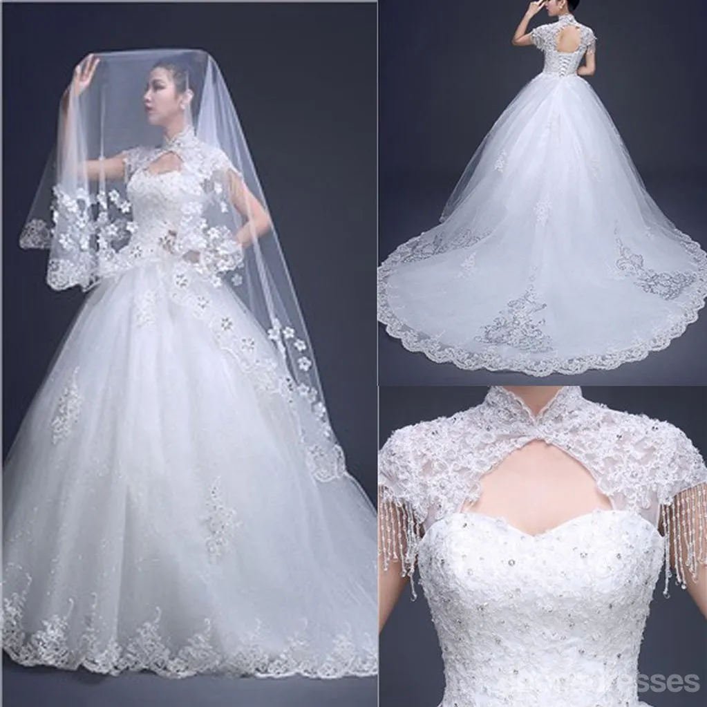 Charming High Neck Cap Sleeve Long A-line Open Back Lace Tulle Wedding Dresses, WD0171