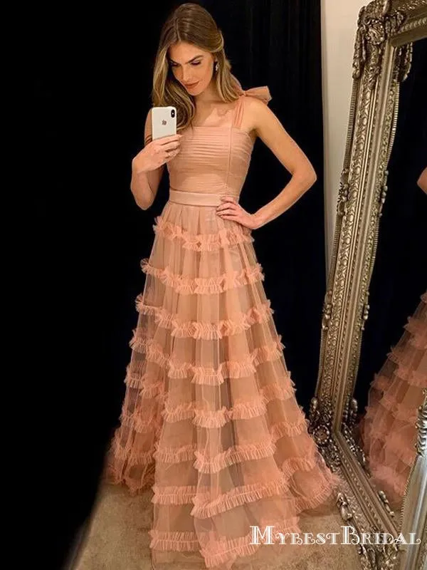 Charming New Arrival Spaghetti Strap Sleeveless Pink Tulle A-line Long Cheap Evening Prom Dresses, PDS0007