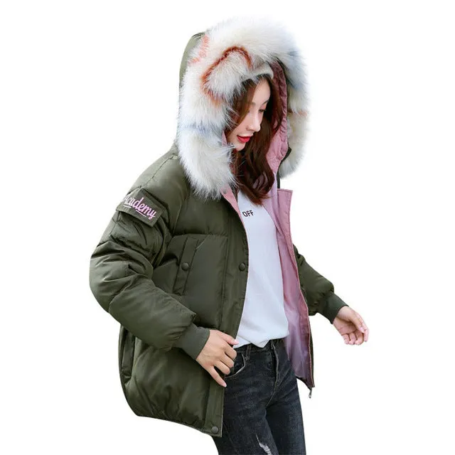 Chic Short Fur Coat Hooded Winter Down Coat Female Oversize Jacket Cotton Padded Wadded Parkas Wind Breaker Sleeves Big Pocket