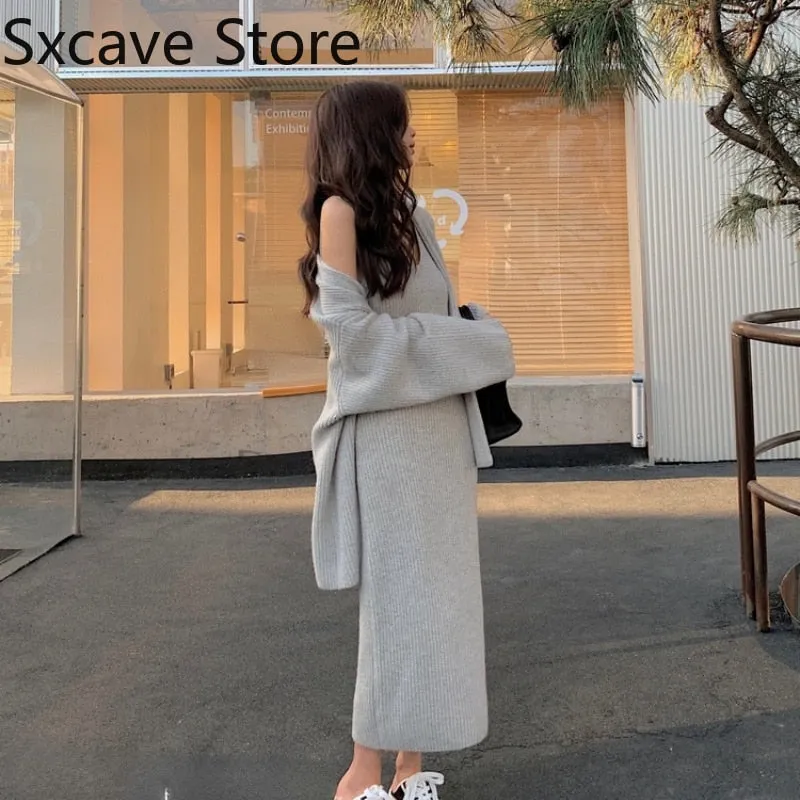 Christmas Gift 2 Piece Dress Set Women Casual Knitted Suits Korean Fashion Slim Pure Collor Sweater Dress Sets Party Autumn Cardigan