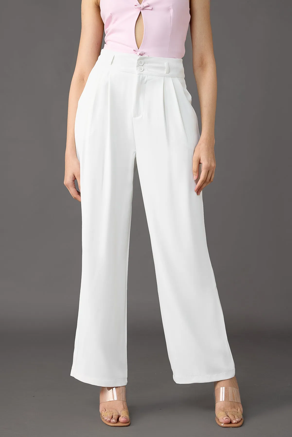 Classic Pleated Wide Leg Korean Pants - White